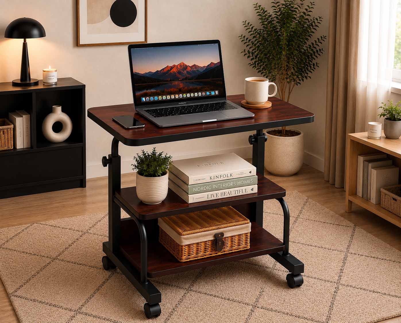 Double Layer Adjustable Table Brown With Black Stand
